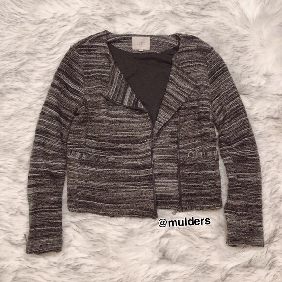 Ann Taylor LOFT Small Striped Zippered Marled Moto Gray Brown Jacket - Picture 2 of 9